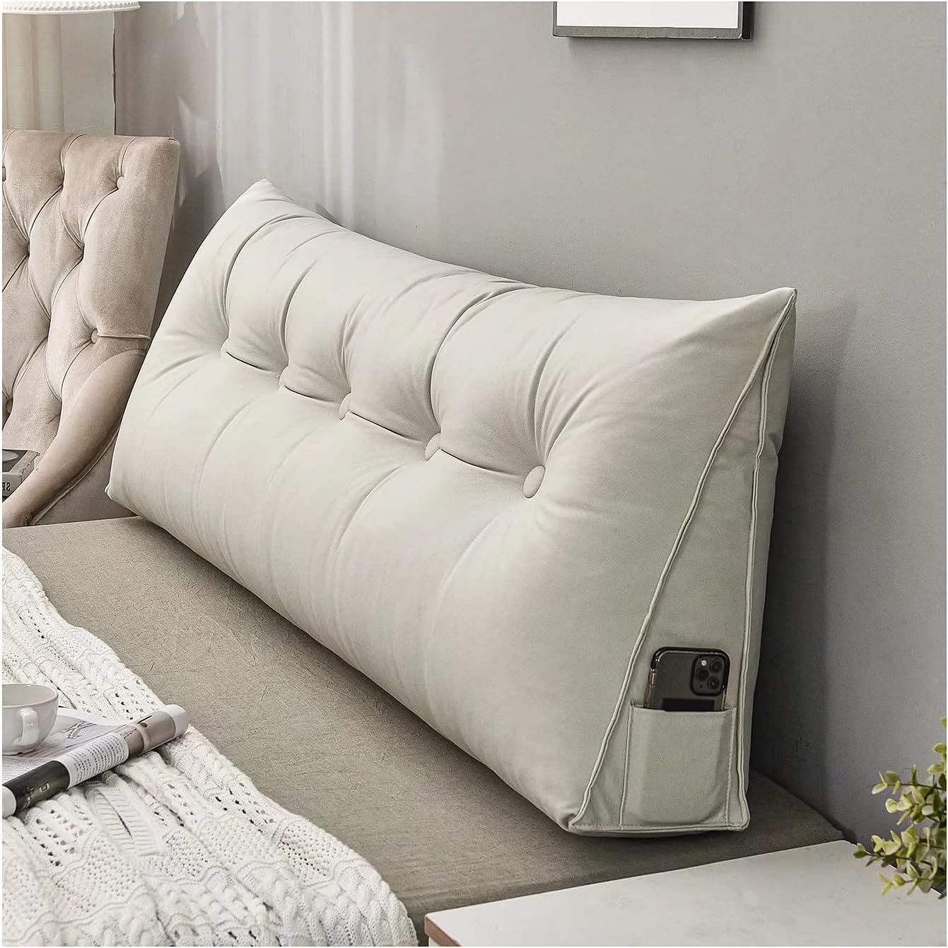 Breathable Triangular Wedge Pillow with Side Pockets - Ergonomic Backrest & Headboard Cushion for Sofa, Bed, or Reading FJORD