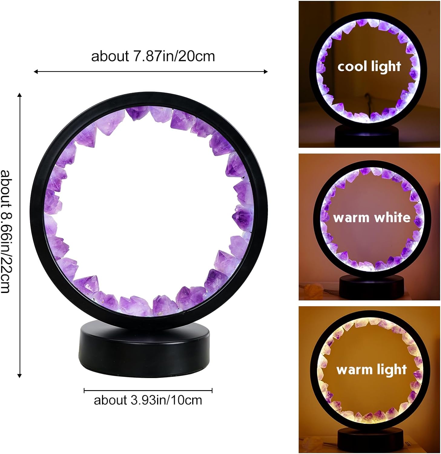 Amethyst Crystal Table Lamp - Natural Healing Night Light with USB Port & 3 Color Modes - Perfect for Bedroom, Office & Home Decor - Relaxation Gift FJORD