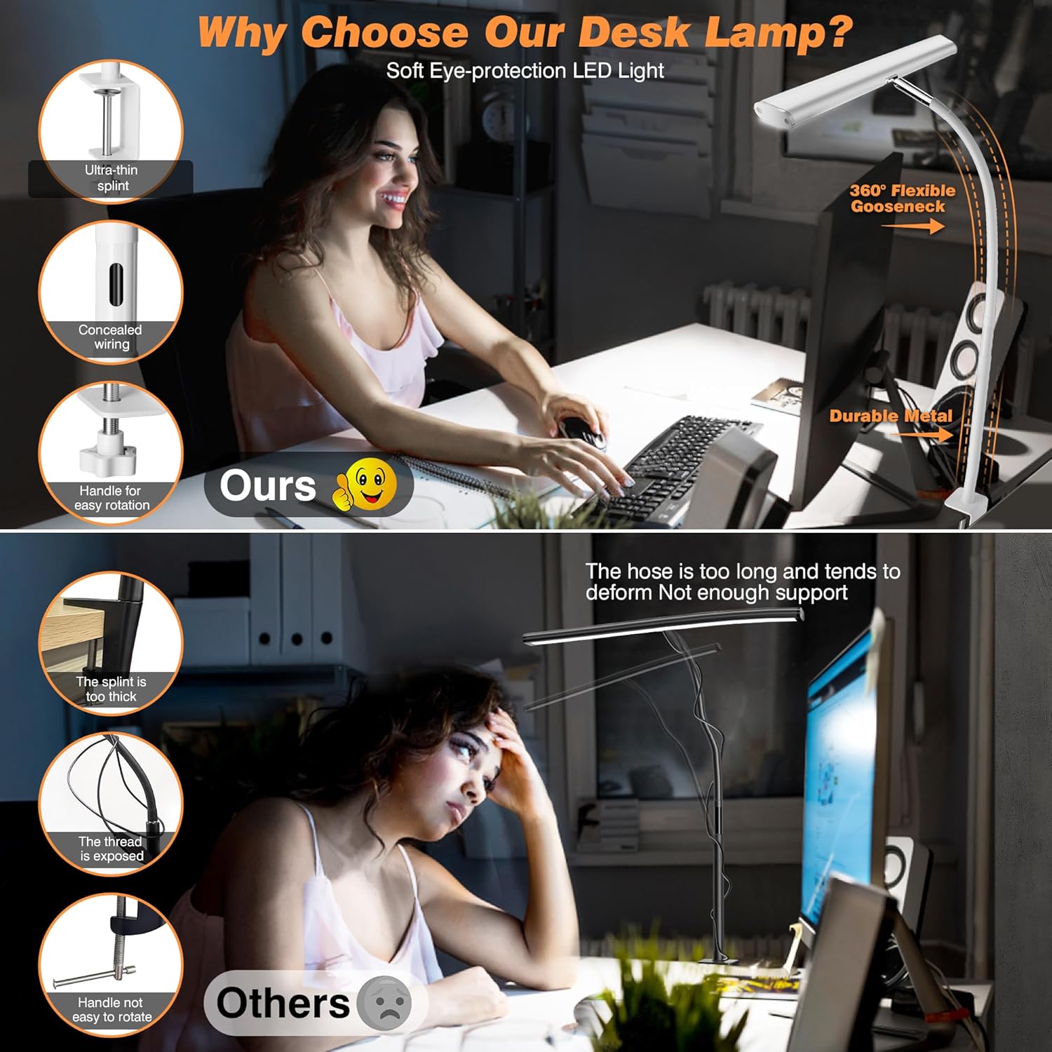 LED Desk Lamp with Clamp, 3 Color Modes & Stepless Dimming, Adjustable Flexible Gooseneck, Eye-Caring USB Lamp for Reading, Study, Work, Home Office FJORD