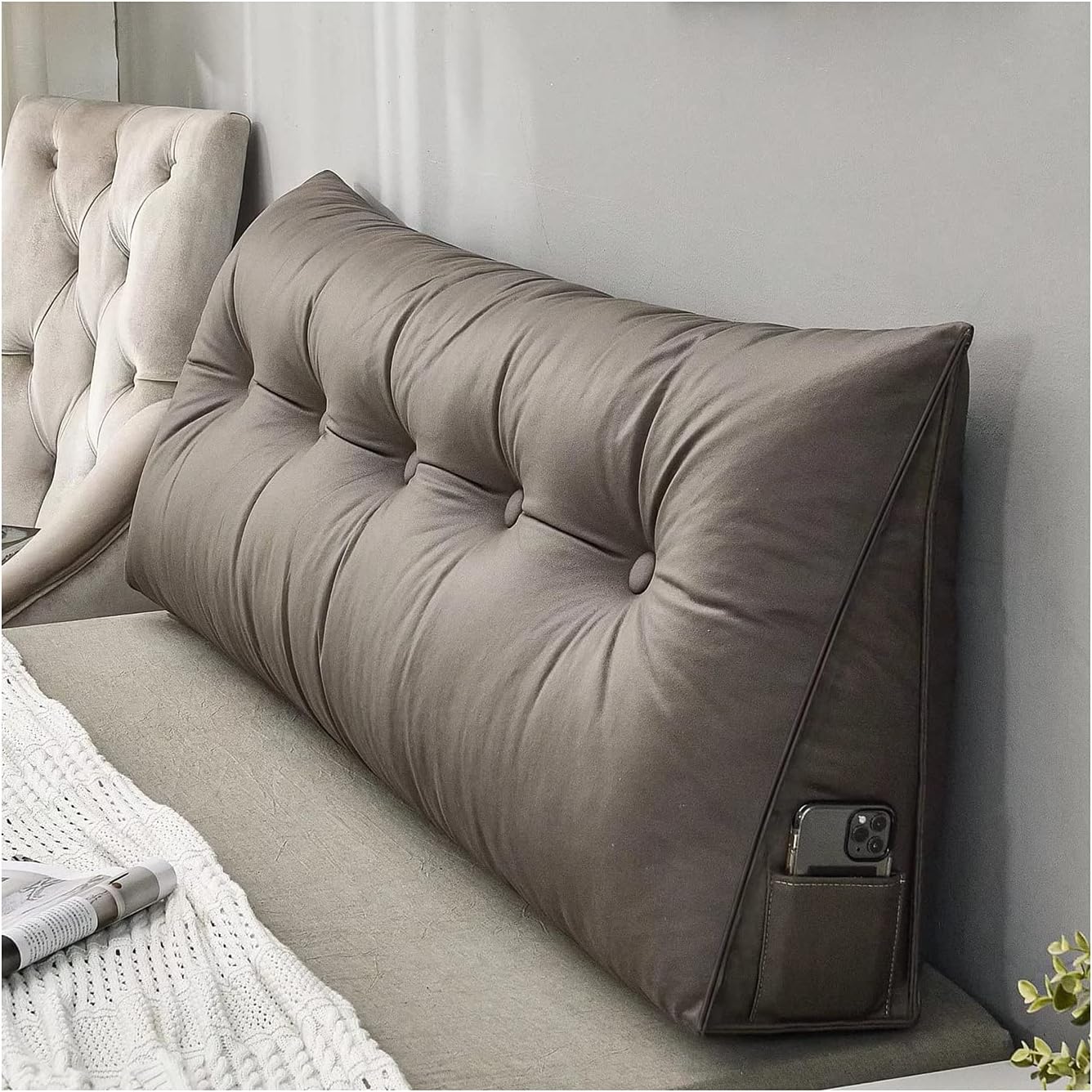 Breathable Triangular Wedge Pillow with Side Pockets - Ergonomic Backrest & Headboard Cushion for Sofa, Bed, or Reading FJORD