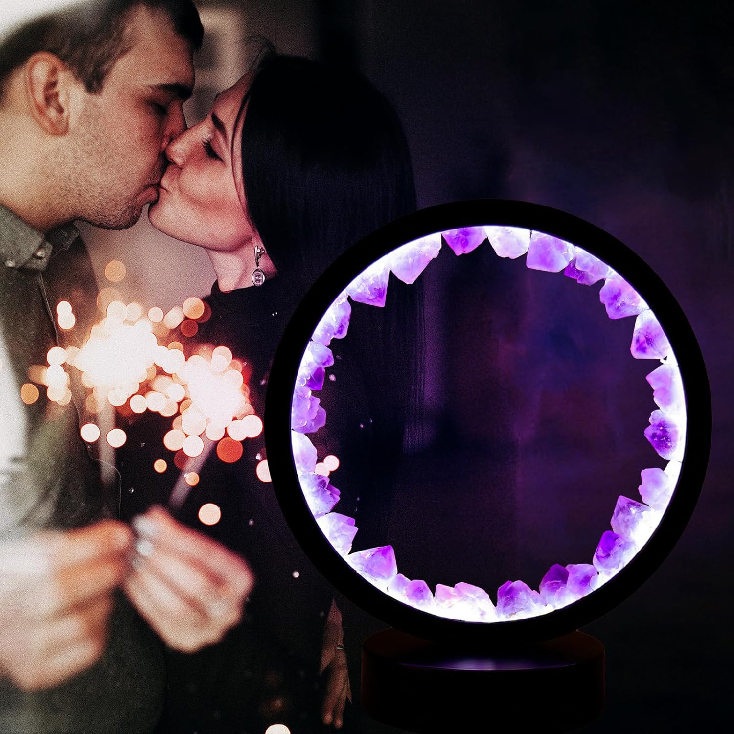 Amethyst Crystal Table Lamp - Natural Healing Night Light with USB Port & 3 Color Modes - Perfect for Bedroom, Office & Home Decor - Relaxation Gift FJORD
