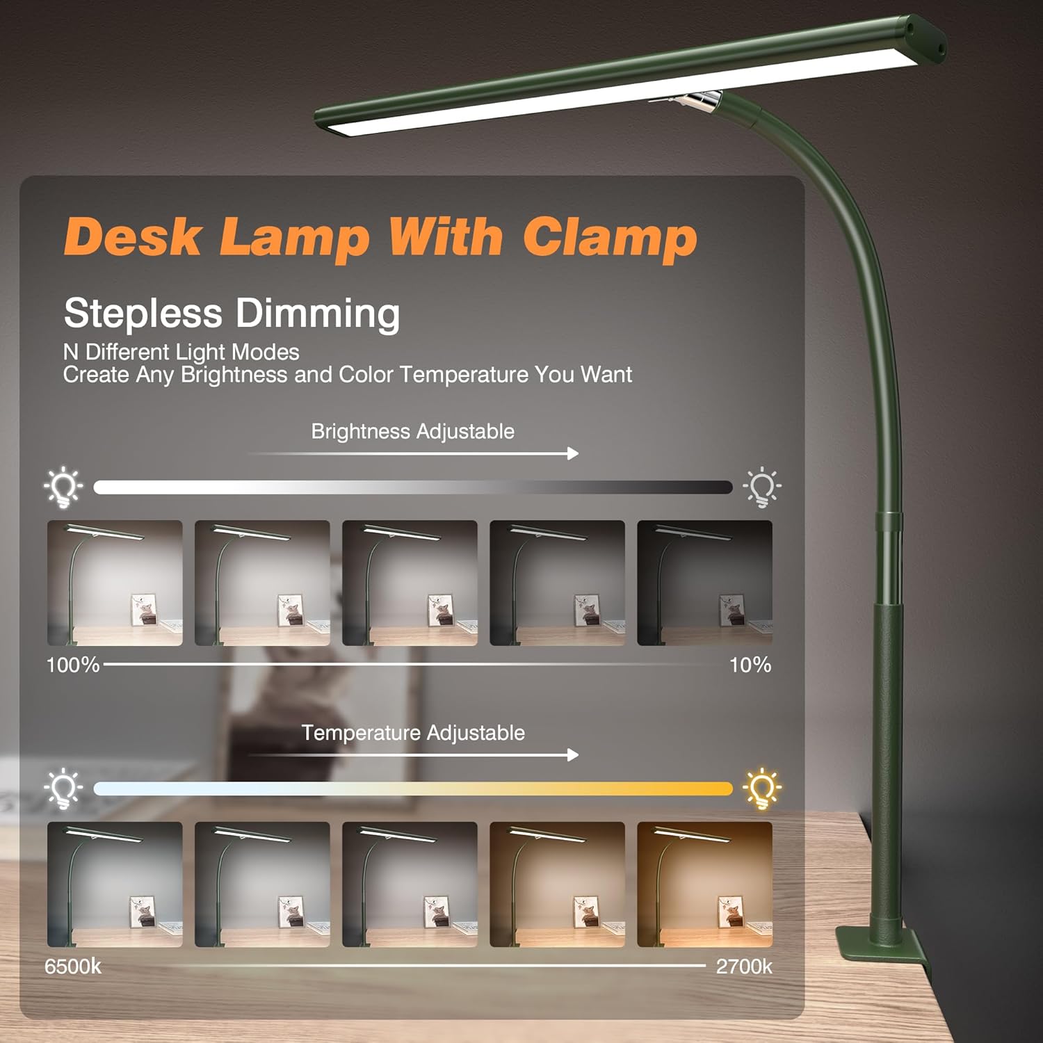 LED Desk Lamp with Clamp, 3 Color Modes & Stepless Dimming, Adjustable Flexible Gooseneck, Eye-Caring USB Lamp for Reading, Study, Work, Home Office FJORD