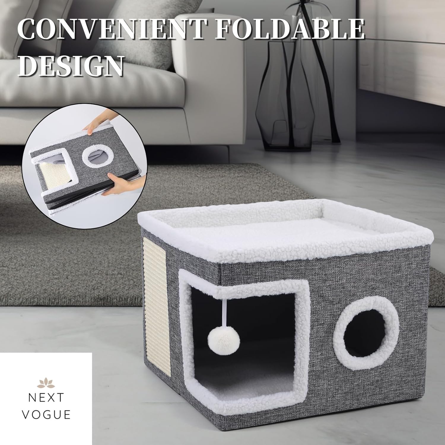Foldable Cat Cave with Scratching Pad & Soft Cushions – Indoor Bed FJORD