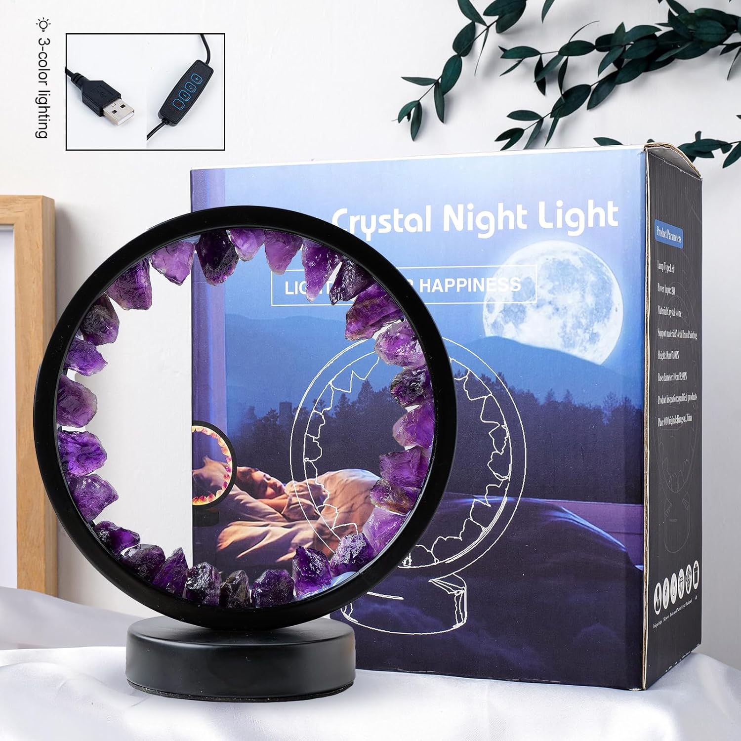 Amethyst Crystal Table Lamp - Natural Healing Night Light with USB Port & 3 Color Modes - Perfect for Bedroom, Office & Home Decor - Relaxation Gift FJORD