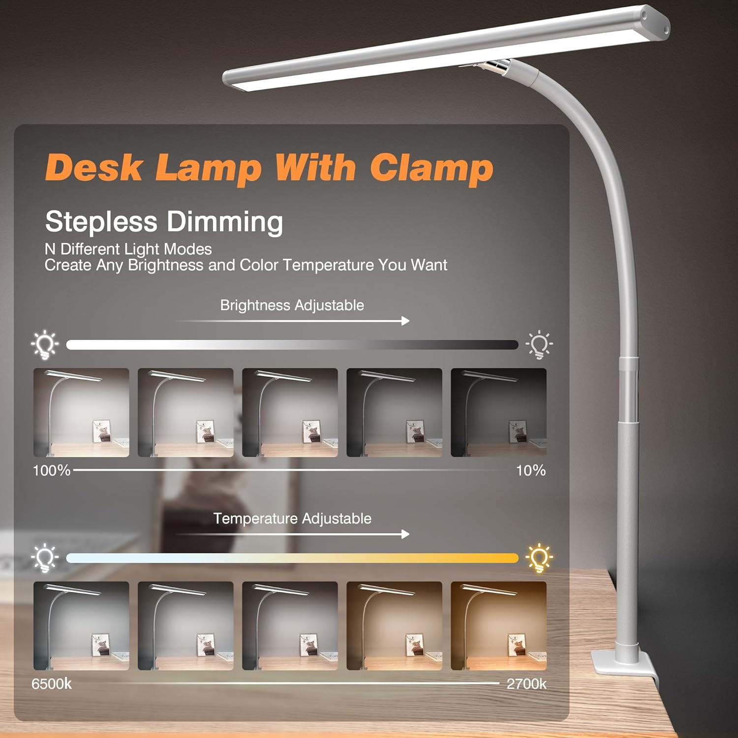 LED Desk Lamp with Clamp, 3 Color Modes & Stepless Dimming, Adjustable Flexible Gooseneck, Eye-Caring USB Lamp for Reading, Study, Work, Home Office FJORD