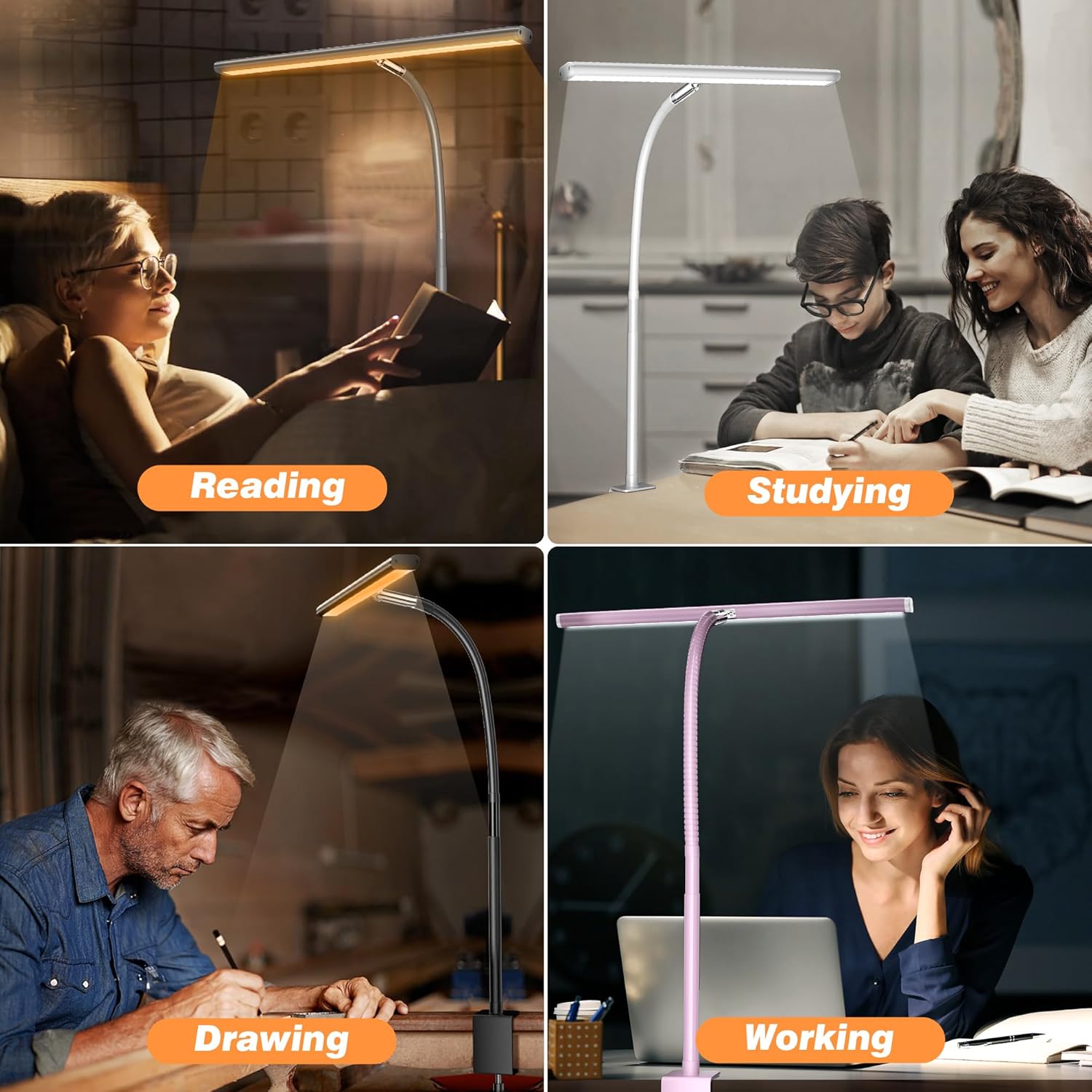 LED Desk Lamp with Clamp, 3 Color Modes & Stepless Dimming, Adjustable Flexible Gooseneck, Eye-Caring USB Lamp for Reading, Study, Work, Home Office FJORD