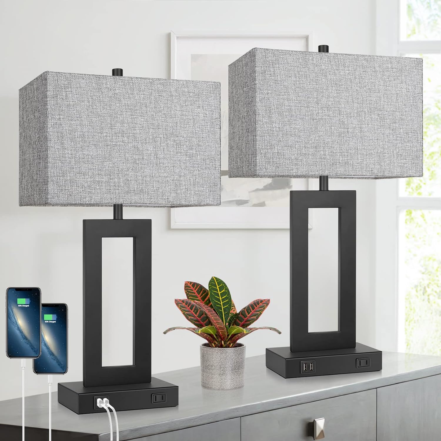 Set of 2 Touch Control Table Lamps with USB Ports – 3-Way Dimmable Bedside Lamps, Modern Nightstand Lamps for Bedroom & Living Room, Cream Fabric Shades, LED Bulbs Included FJORD