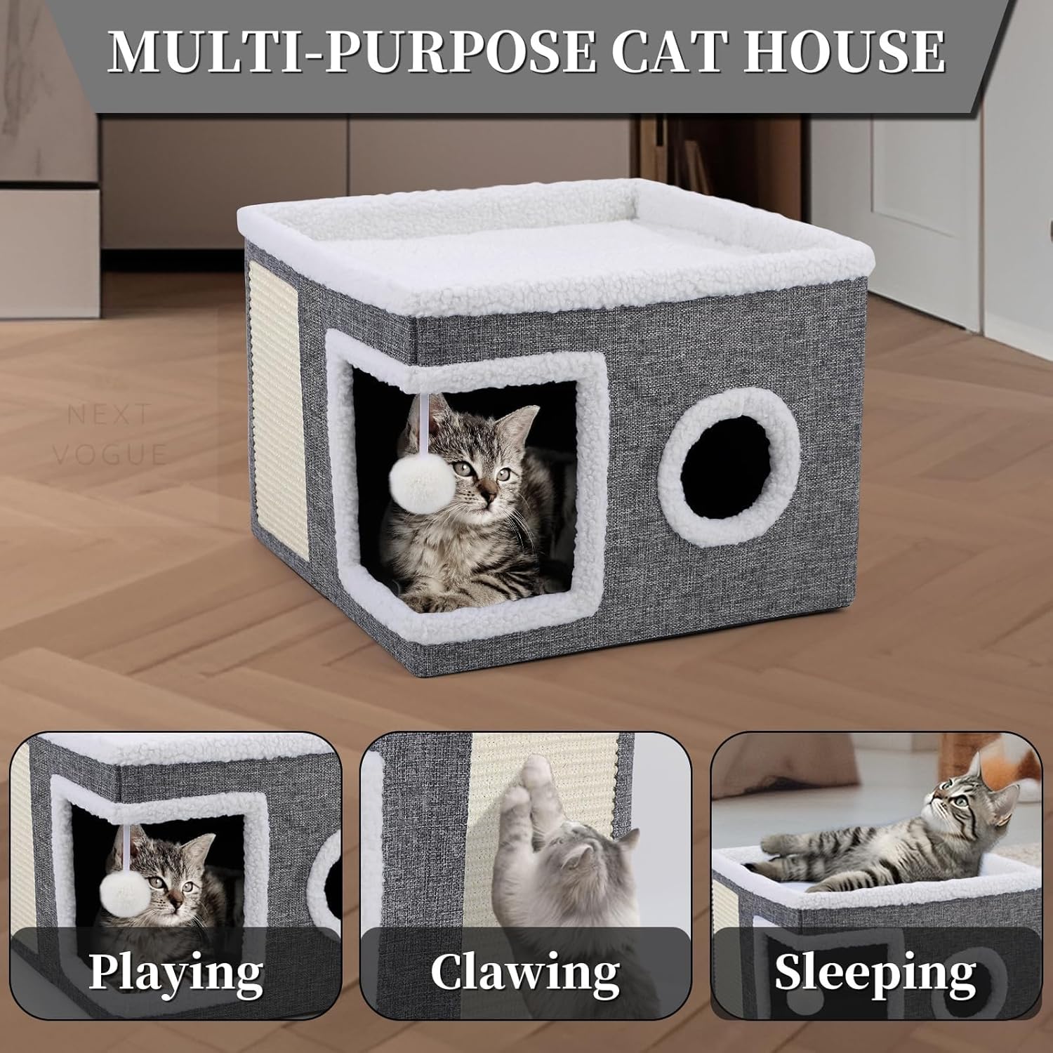 Foldable Cat Cave with Scratching Pad & Soft Cushions – Indoor Bed FJORD