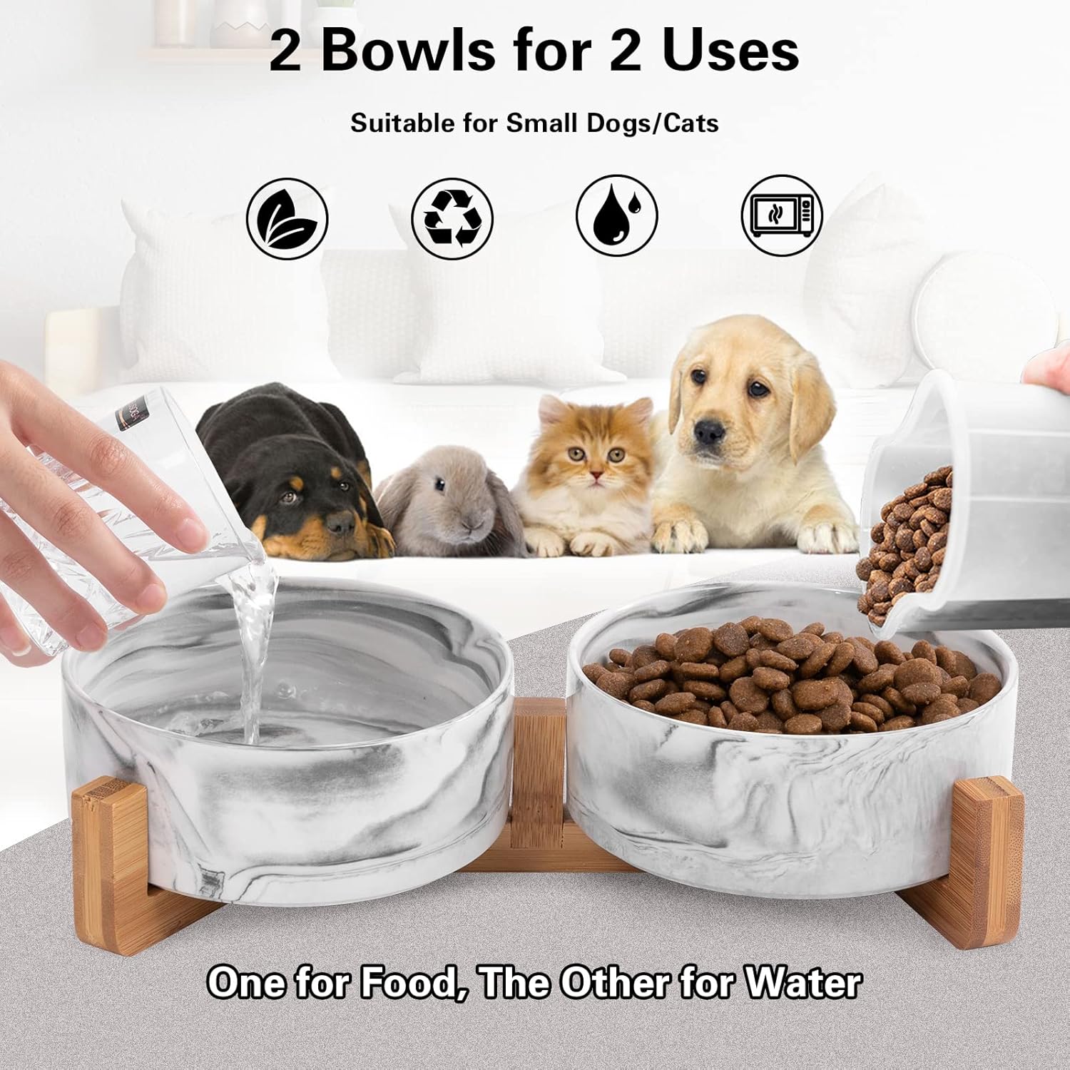 Ceramic Dog Bowls with Wooden Stand | 3 1/2 Cups | Set of 2 FJORD