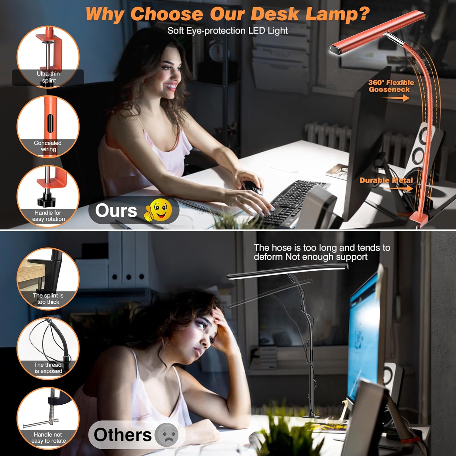 LED Desk Lamp with Clamp, 3 Color Modes & Stepless Dimming, Adjustable Flexible Gooseneck, Eye-Caring USB Lamp for Reading, Study, Work, Home Office FJORD