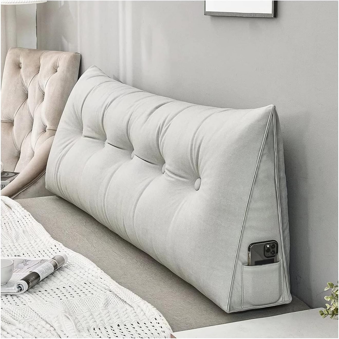 Breathable Triangular Wedge Pillow with Side Pockets - Ergonomic Backrest & Headboard Cushion for Sofa, Bed, or Reading FJORD