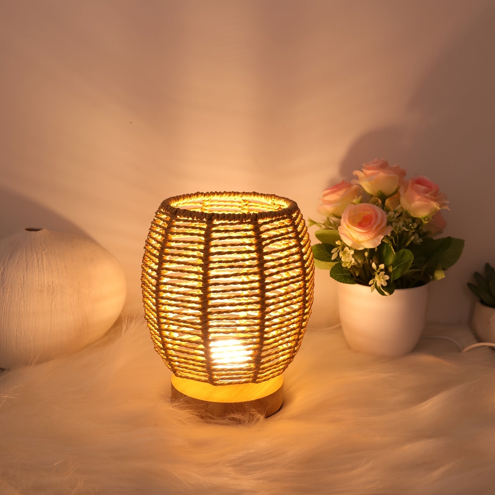 Traditional Woven Rattan-Style Table Lamp | USB Powered Wooden Base with Hollow-Out Linen Shade | Energy-Efficient Uplight for Bedroom, Living Room, Study & Dining Room FJORD