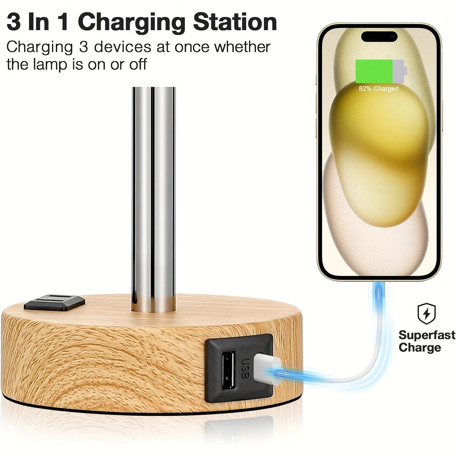 Bedside Table Lamp for Bedroom Nightstand - 3 Way Dimmable Touch Small Lamp USB C Charging Ports and AC Outlet, Wood Base Round Flaxen Fabric Shade for Living Room, Office Desk, LED Bulb Included FJORD