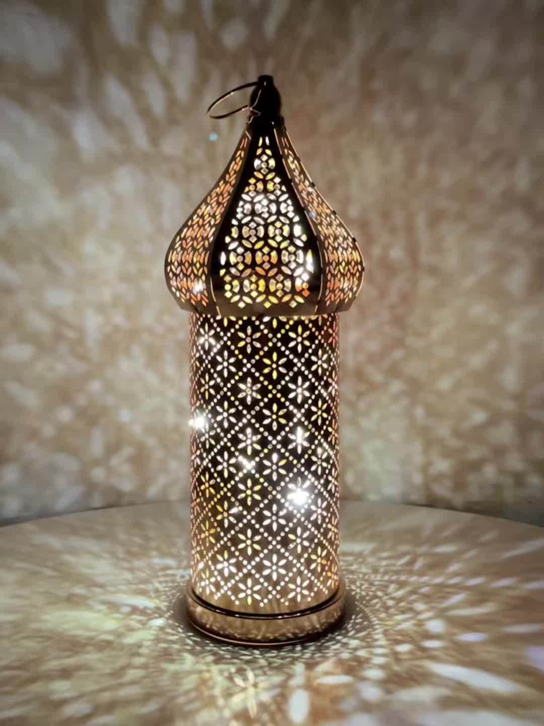 Moroccan Rose Golden LED Lantern - Battery-Powered, Hollow Design for Dreamy Ambiance in Living Room & Bedroom Decor FJORD