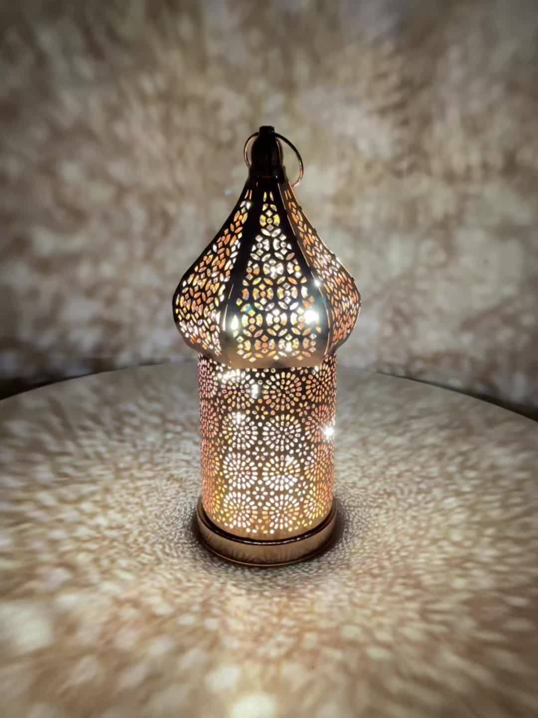 Moroccan Rose LED Lantern - Decorative Metal Uplight Lamp, Battery Operated, Warm Amber Glow for Home, Bedroom, Living Room, Ideal for Parties & Holidays FJORD
