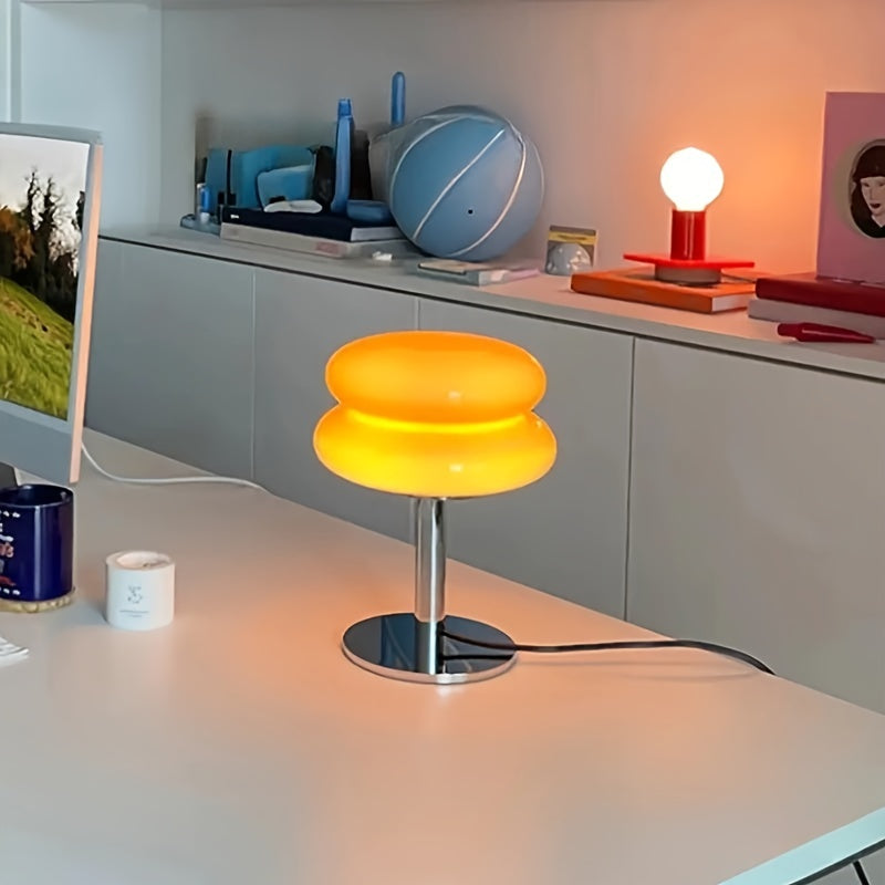 Modern Dimmable Glass Table Lamp, USB Powered, Mid Century Retro Egg Tart Design - Ideal for Bedroom, Living Room, Desk, Nightstand - Aesthetic Home Decor & Ambient Lighting FJORD