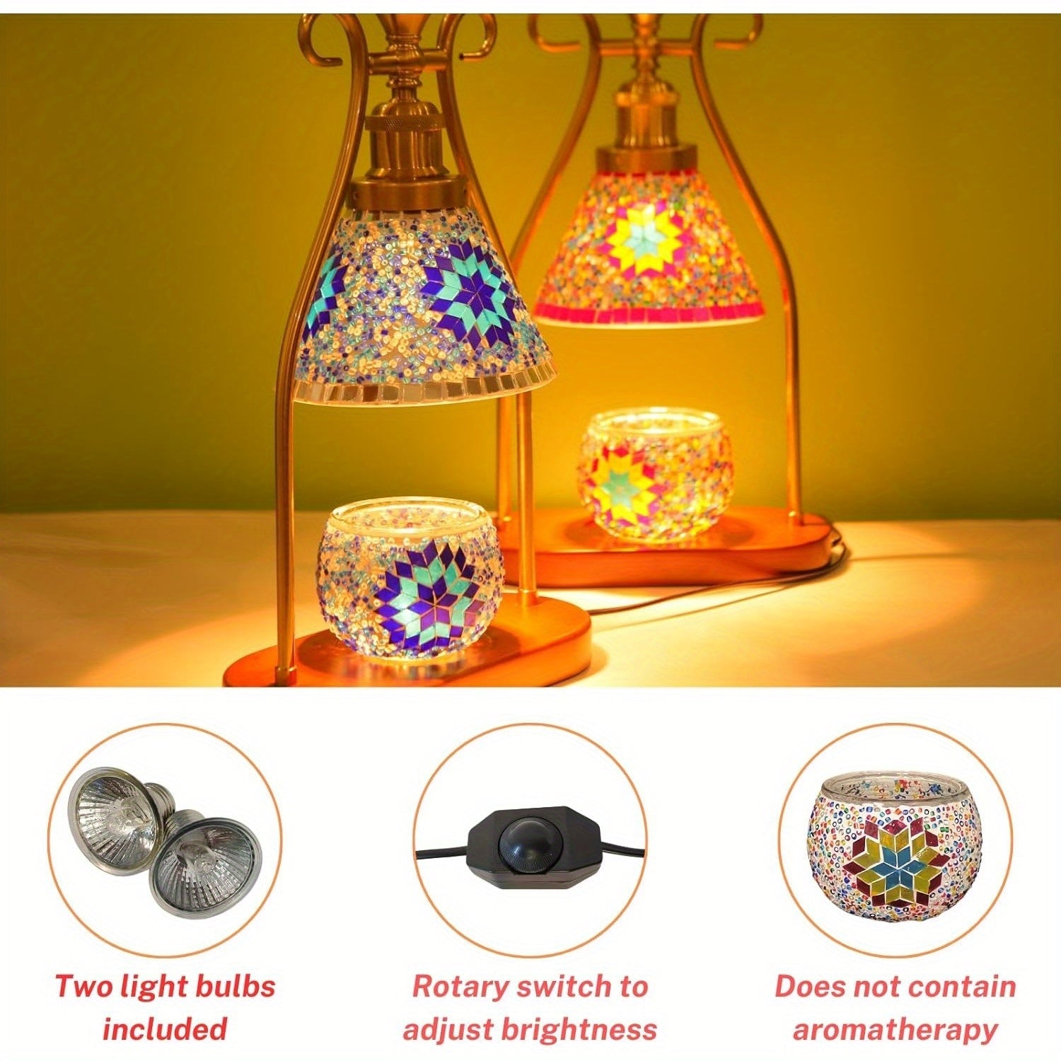 Turkish Mosaic Table Lamp, Wax Warmer, Adjustable Brightness, Aromatherapy & Mood Lighting, Vintage Bohemian Style, Perfect for Home Decor & Gift FJORD