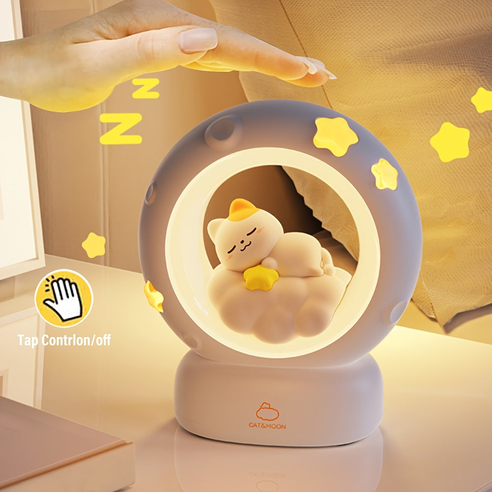 USB Rechargeable Sleeping Cat Night Light | 3-Level Brightness & Touch Control | LED Table Lamp for Bedroom & Living Room FJORD
