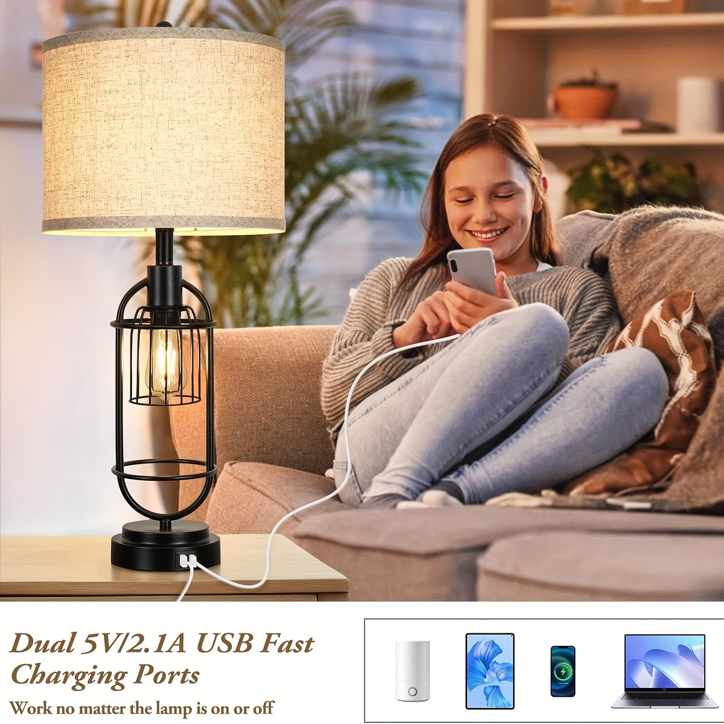 Set of 2 Farmhouse Table Lamps with USB Ports, 29" Tall Nightstand Desk Lamps, Cream Fabric Shade, Industrial E26 Base, Rotary Switch for Bedroom Living Room FJORD