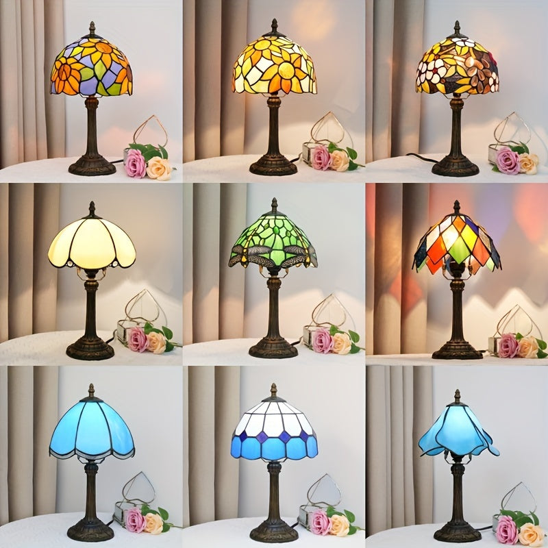 Vintage Art Deco Stained Glass Table Lamp - 8-inch, Antique Metal Base, Push Button Control, Animal Theme - Ideal for Bedroom, Living Room, Office, Creative Gift FJORD