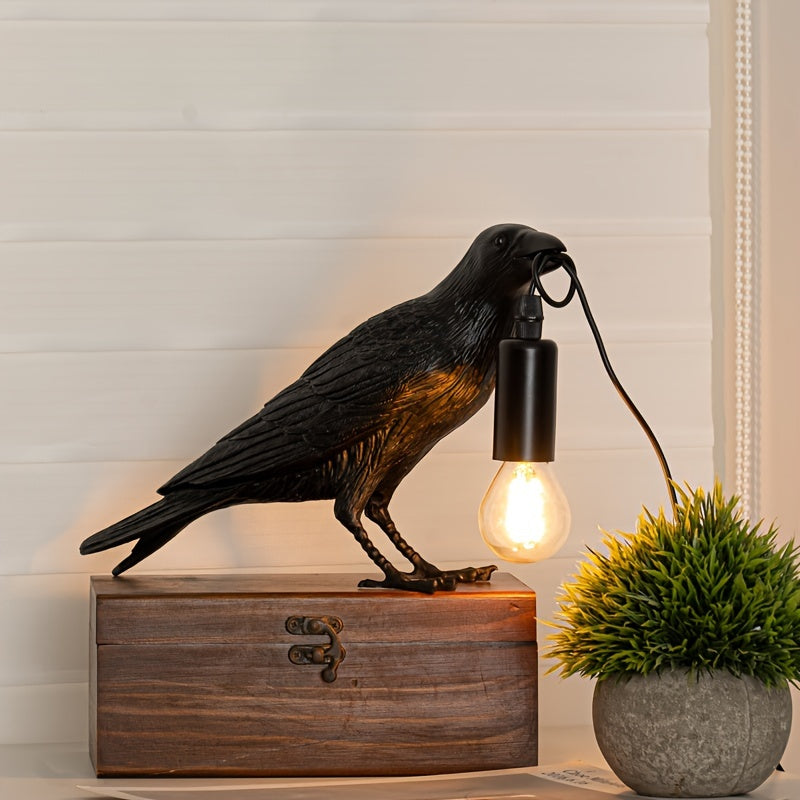 Gothic Crow Table Lamp with USB - Cute Black Resin Desk Decor, Metal Claw Base, Perfect for Halloween & Thanksgiving Home Decor FJORD