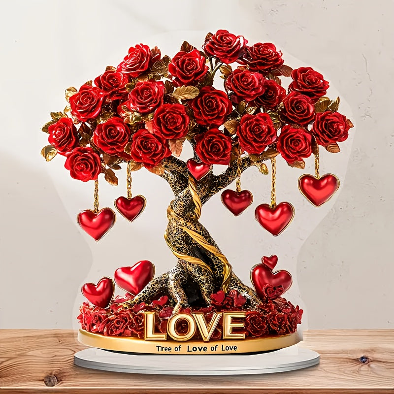 2D Crystal Heart Rose Tree Decor | Bohemian Acrylic "Tree of Love" | Golden Base | Perfect for Living Room & Bedroom | Romantic Gift for Holidays & Special Occasions