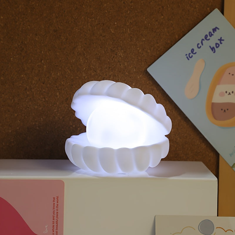 Charming Shell Pearl LED Night Light – Battery Operated, White, Decorative Bedroom & Living Room Lamp, Compact & Durable FJORD