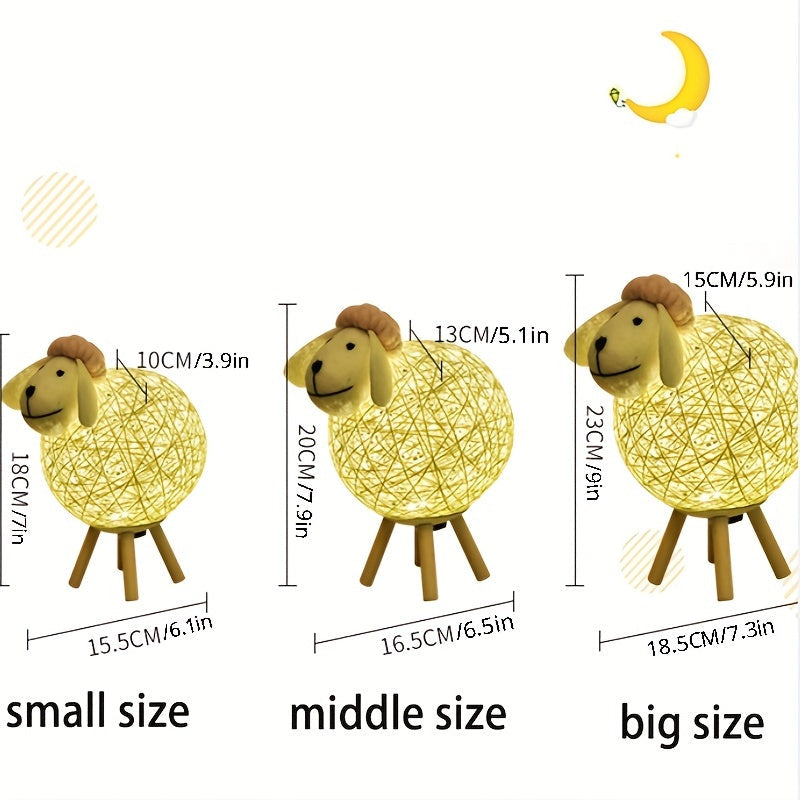 Handwoven LED Sheep Night Light with Remote - Dimmable Moon Lamp for Bedroom, Bedside, & Kids Decor - Warm & Gentle LED Light, Easter Gift, Rattan & Wood Design FJORD