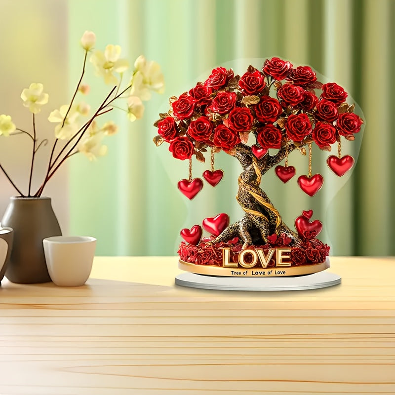 2D Crystal Heart Rose Tree Decor | Bohemian Acrylic "Tree of Love" | Golden Base | Perfect for Living Room & Bedroom | Romantic Gift for Holidays & Special Occasions