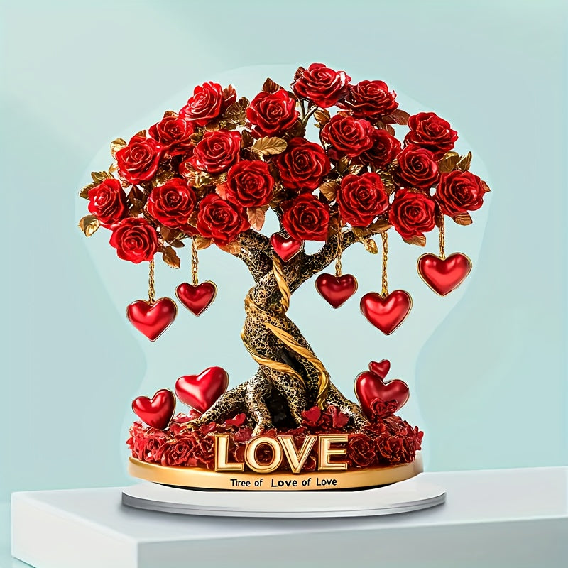 2D Crystal Heart Rose Tree Decor | Bohemian Acrylic "Tree of Love" | Golden Base | Perfect for Living Room & Bedroom | Romantic Gift for Holidays & Special Occasions