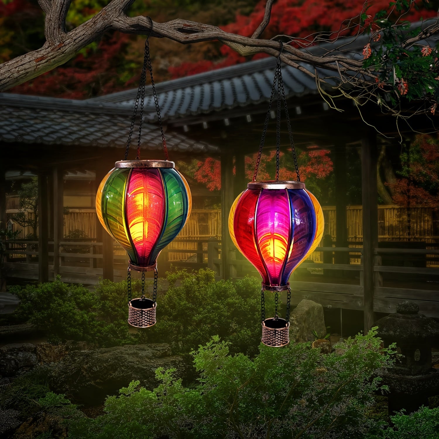 2PC Solar Hot Air Balloon Lanterns with Flickering Flame & Shepherd Hooks – Colorful Outdoor LED Lights for Garden, Patio, Porch, Yard Decor – Weatherproof & Energy-Saving