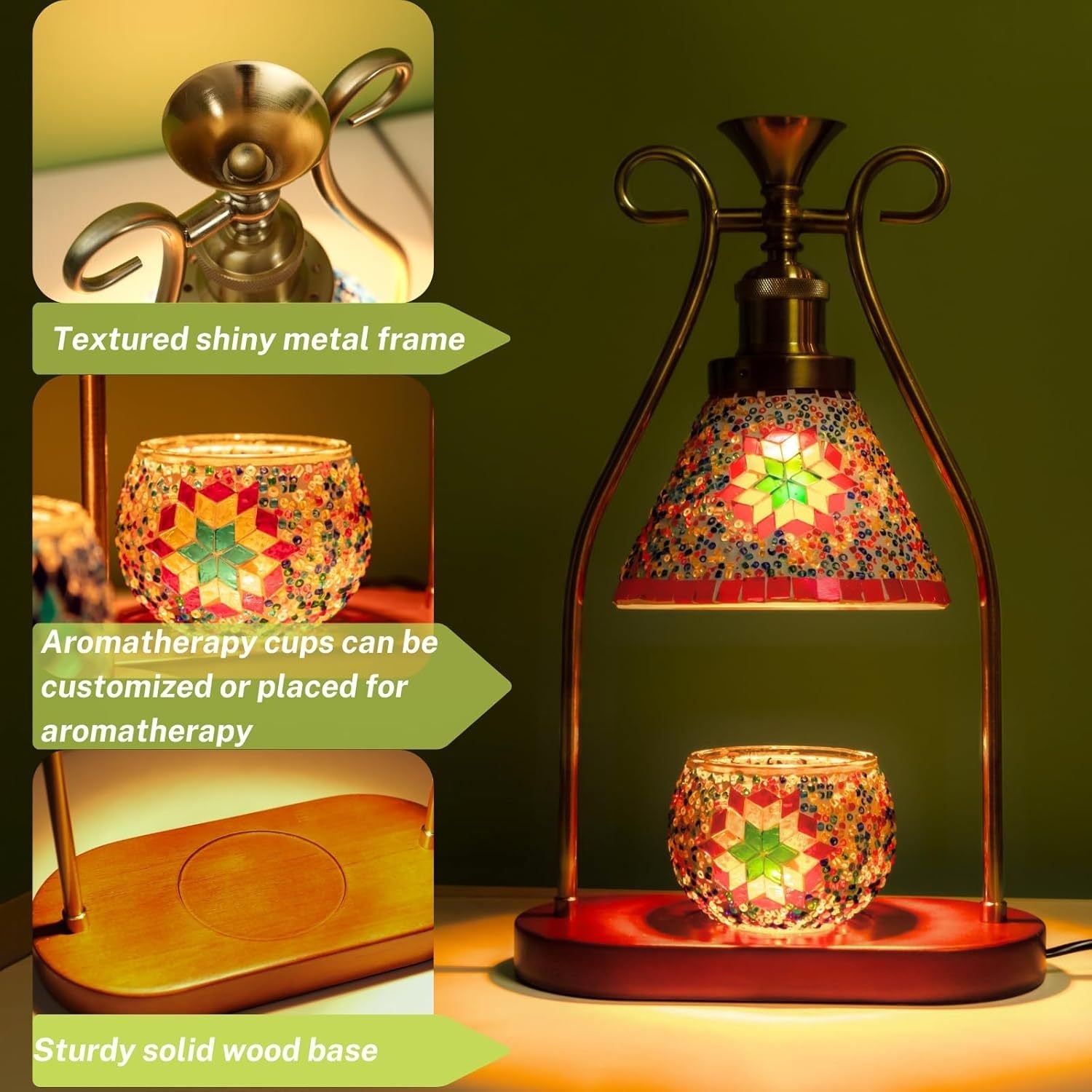 Turkish Mosaic Table Lamp, Wax Warmer, Adjustable Brightness, Aromatherapy & Mood Lighting, Vintage Bohemian Style, Perfect for Home Decor & Gift FJORD