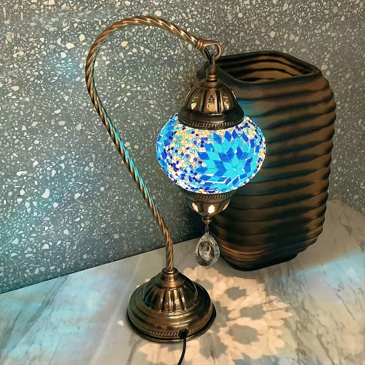 Charming Blue Glass USB Table Lamp - Turkish Mosaic Design for Bedroom, Living Room & Study Decor