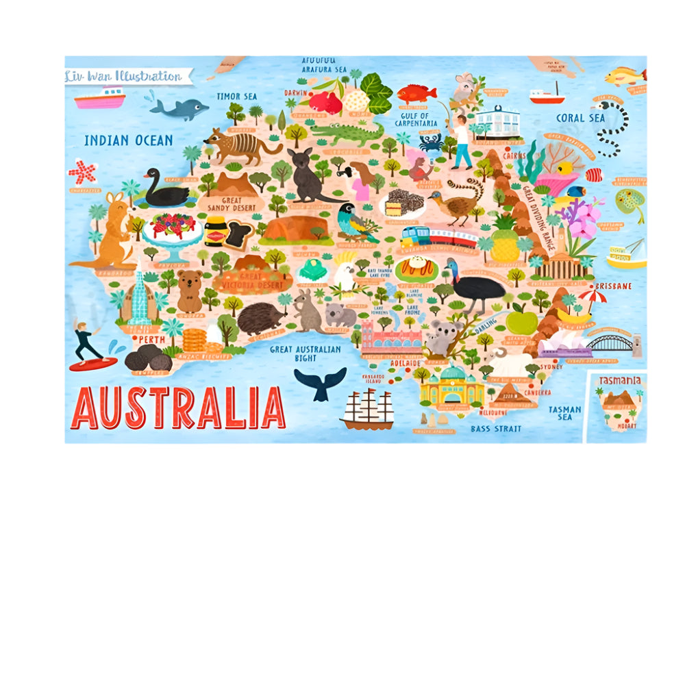 Australia Icon Map Canvas Print | Folk Art Style Wall Decor | Frameless Cloth Poster for Home, Office, Living Room, Bedroom | Unique Gift