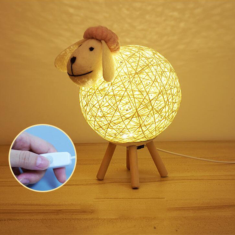 Handwoven LED Sheep Night Light with Remote - Dimmable Moon Lamp for Bedroom, Bedside, & Kids Decor - Warm & Gentle LED Light, Easter Gift, Rattan & Wood Design FJORD