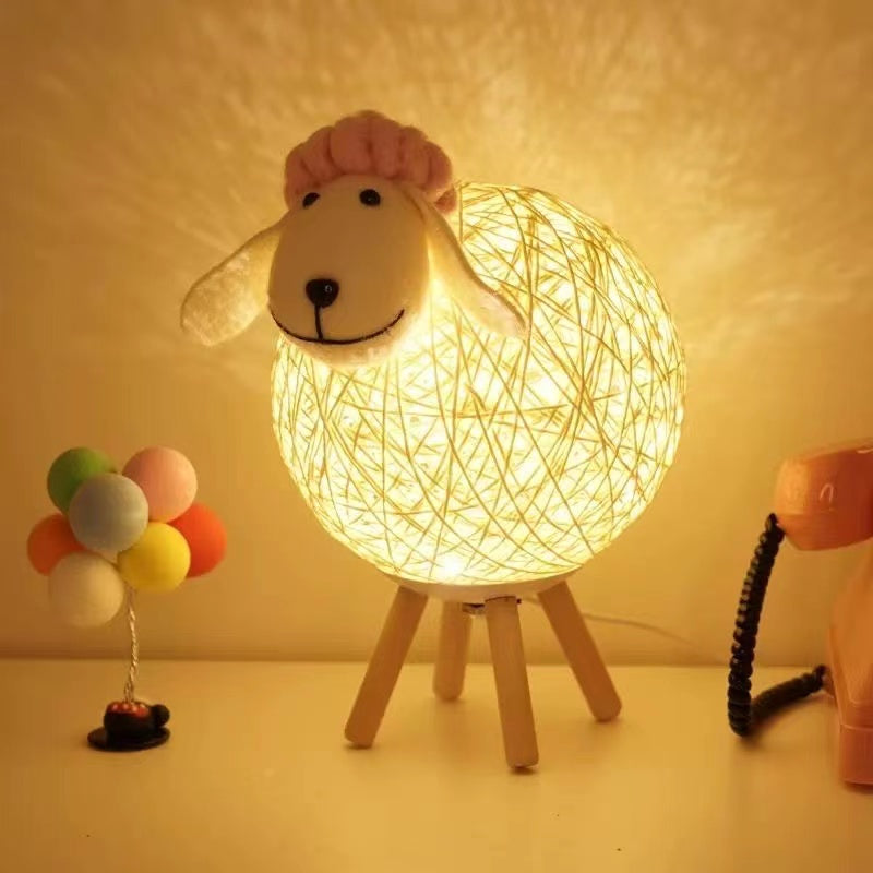 Handwoven LED Sheep Night Light with Remote - Dimmable Moon Lamp for Bedroom, Bedside, & Kids Decor - Warm & Gentle LED Light, Easter Gift, Rattan & Wood Design FJORD