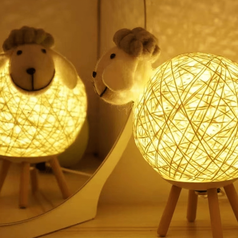 Handwoven LED Sheep Night Light with Remote - Dimmable Moon Lamp for Bedroom, Bedside, & Kids Decor - Warm & Gentle LED Light, Easter Gift, Rattan & Wood Design FJORD