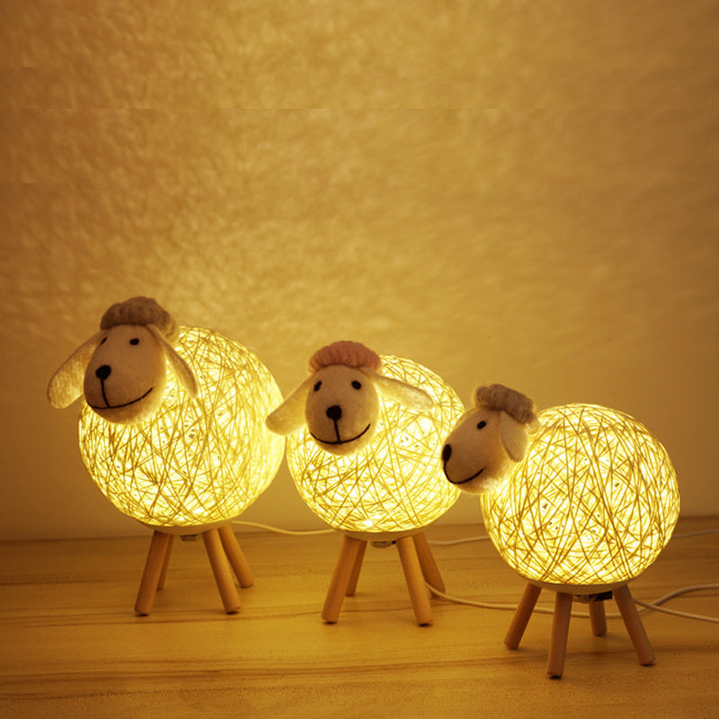 Handwoven LED Sheep Night Light with Remote - Dimmable Moon Lamp for Bedroom, Bedside, & Kids Decor - Warm & Gentle LED Light, Easter Gift, Rattan & Wood Design FJORD