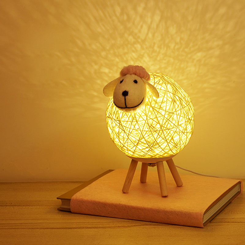 Handwoven LED Sheep Night Light with Remote - Dimmable Moon Lamp for Bedroom, Bedside, & Kids Decor - Warm & Gentle LED Light, Easter Gift, Rattan & Wood Design FJORD