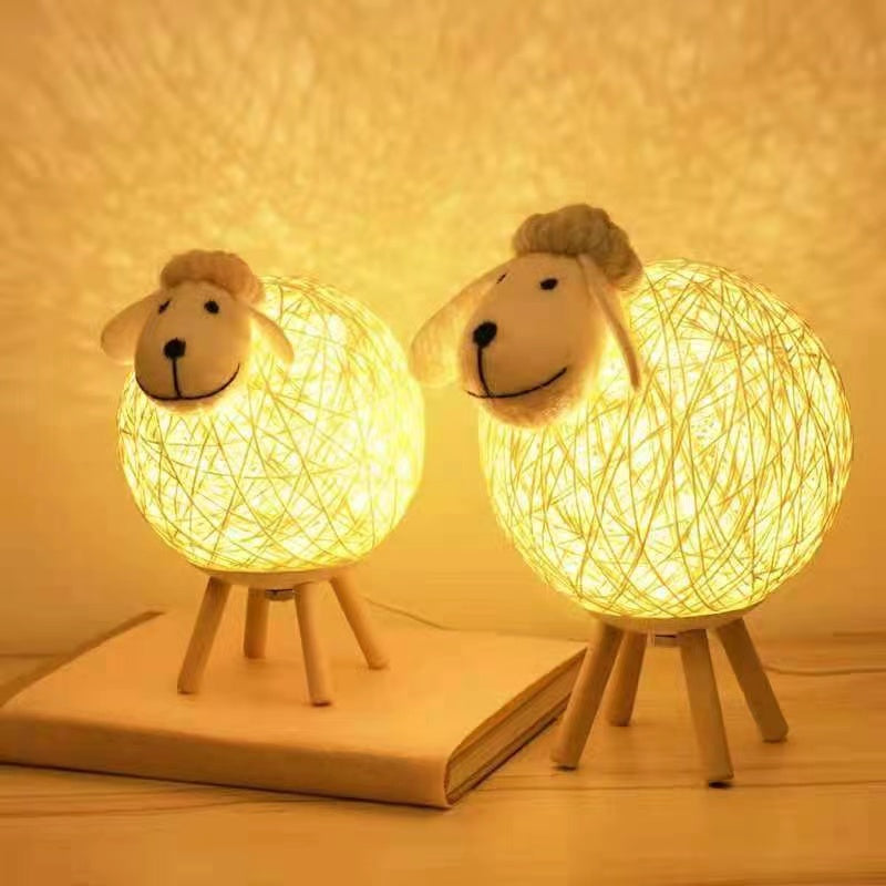 Handwoven LED Sheep Night Light with Remote - Dimmable Moon Lamp for Bedroom, Bedside, & Kids Decor - Warm & Gentle LED Light, Easter Gift, Rattan & Wood Design FJORD