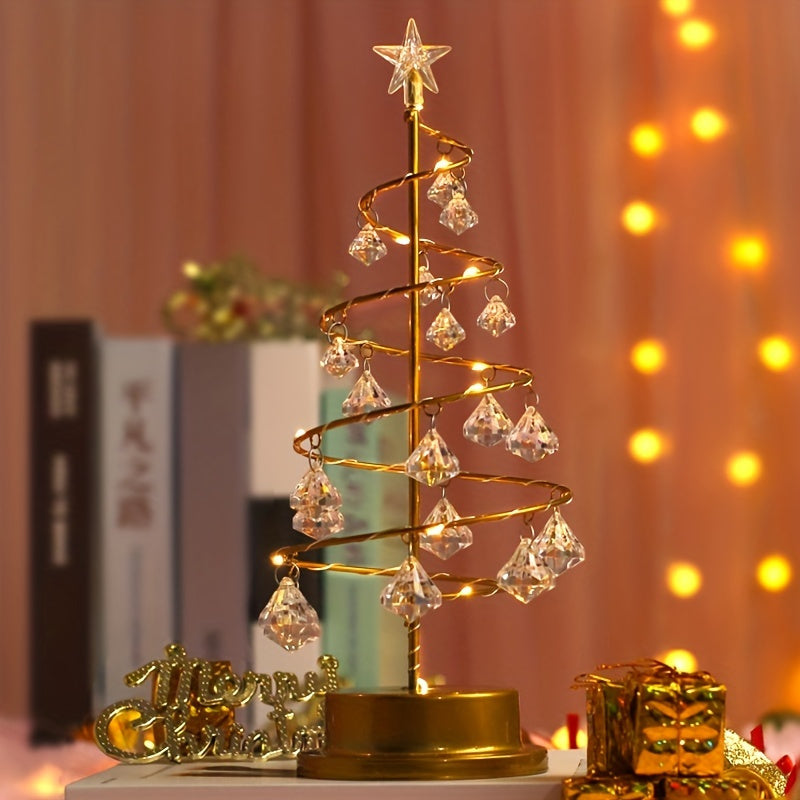 Adjustable LED Christmas Tree Night Light | Metal Design with Crystal Decorations | Modern Tabletop Lamp, Battery-Powered, Dimmable Switch