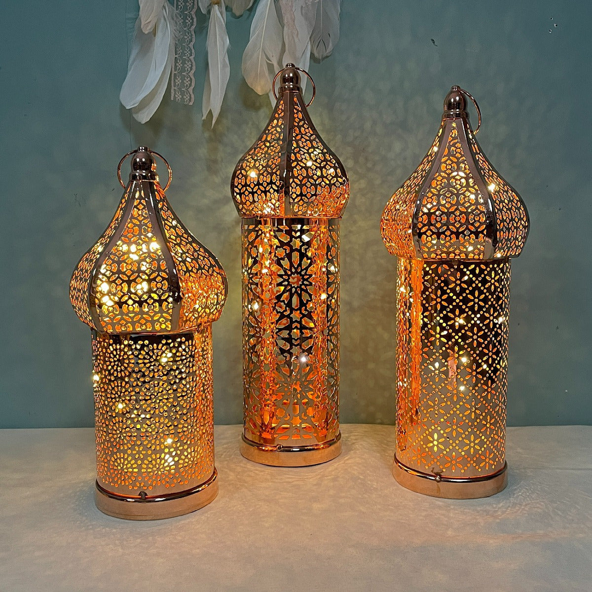 Moroccan Rose Golden LED Lantern - Battery-Powered, Hollow Design for Dreamy Ambiance in Living Room & Bedroom Decor