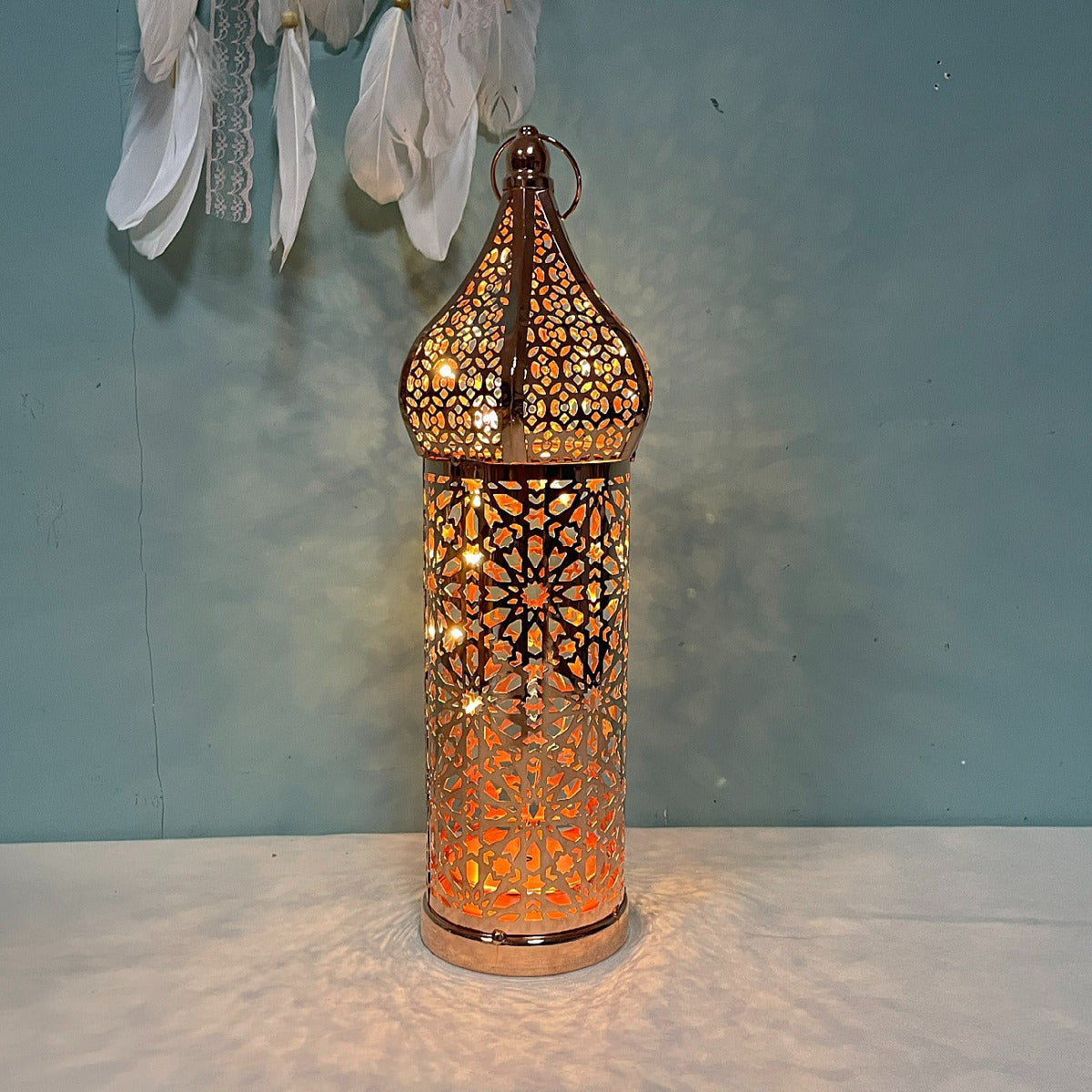Moroccan Rose LED Lantern - Decorative Metal Uplight Lamp, Battery Operated, Warm Amber Glow for Home, Bedroom, Living Room, Ideal for Parties & Holidays FJORD
