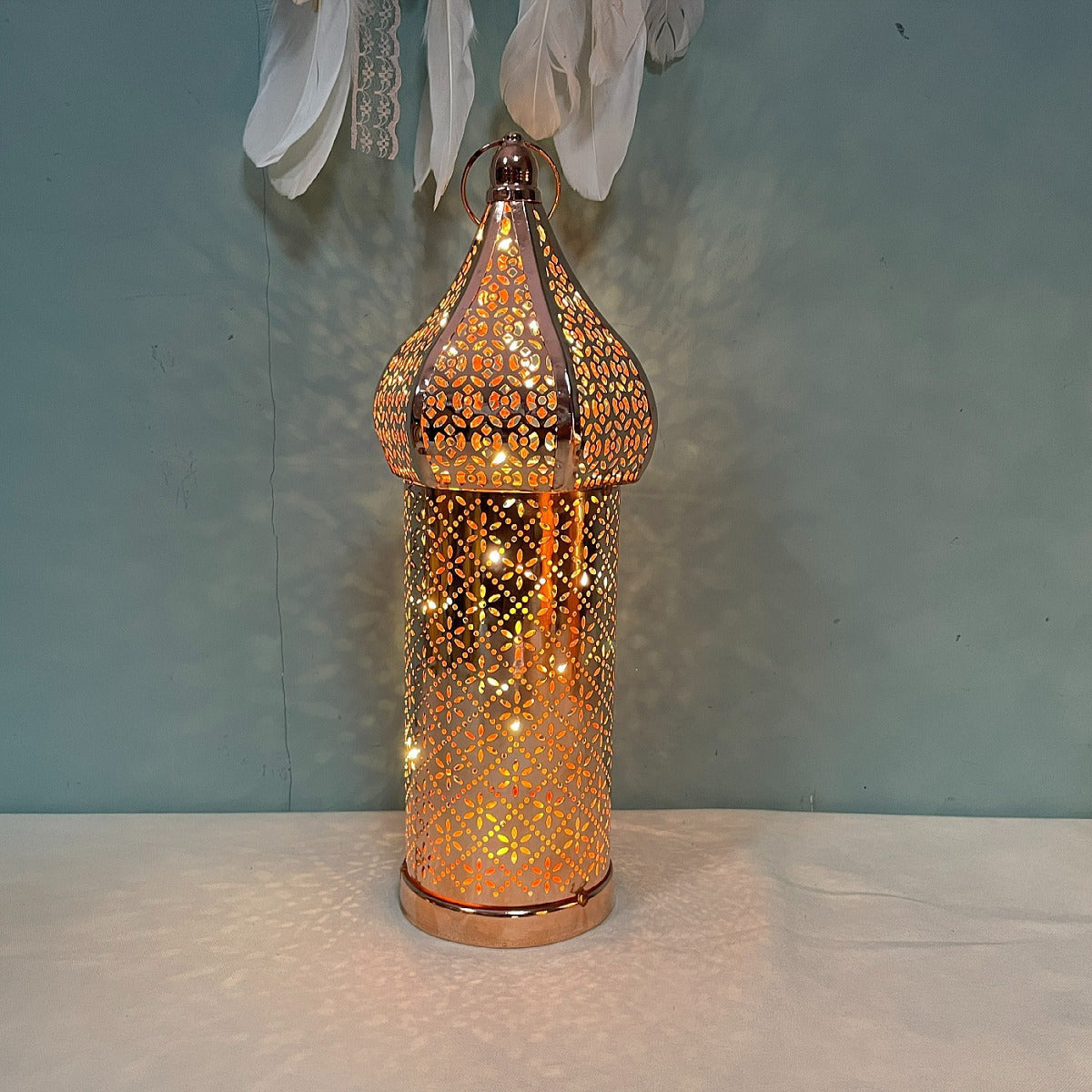 Moroccan Rose LED Lantern - Decorative Metal Uplight Lamp, Battery Operated, Warm Amber Glow for Home, Bedroom, Living Room, Ideal for Parties & Holidays FJORD