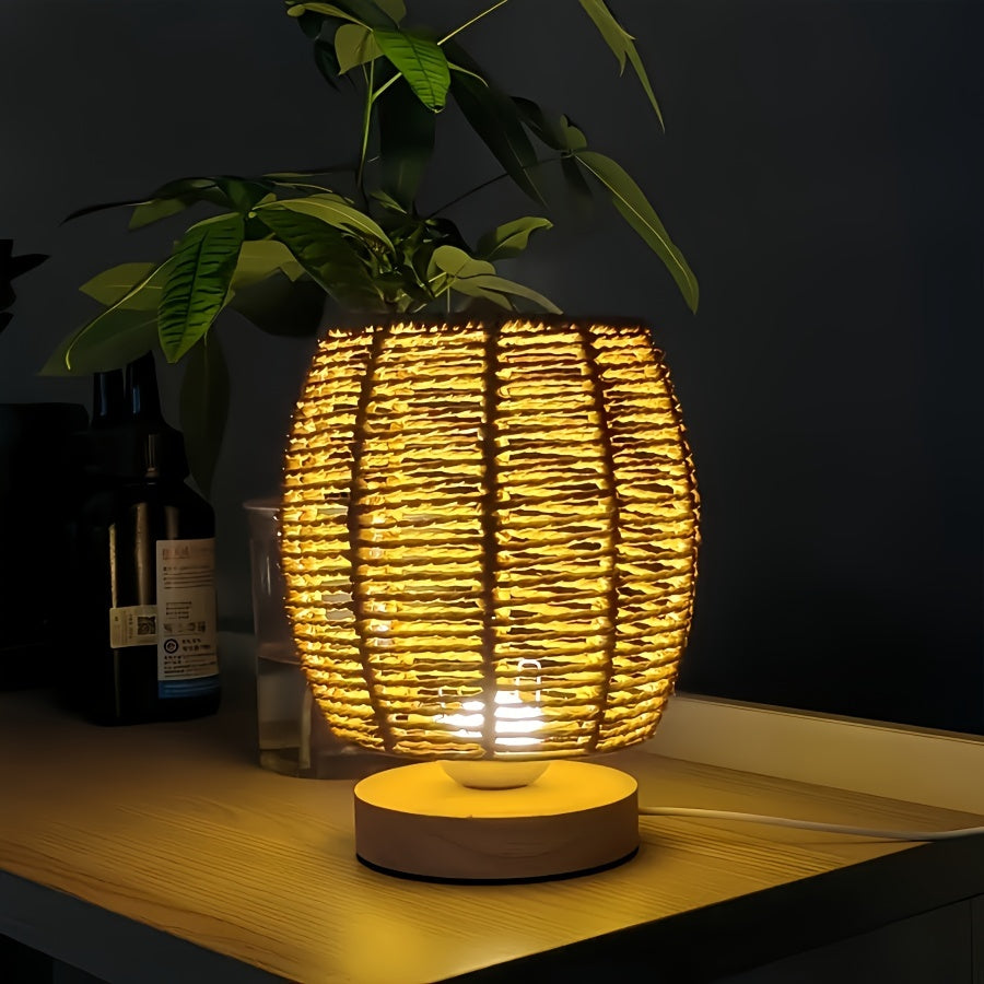 Modern Hand-Woven Table Lamp - Wood Base, Linen Shade, USB Powered LED Desk Lamp for Bedroom, Study, Living Room FJORD