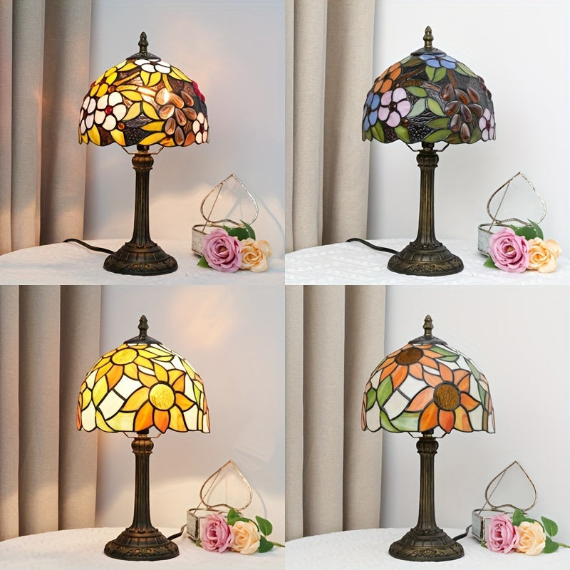 Vintage Art Deco Stained Glass Table Lamp - 8-inch, Antique Metal Base, Push Button Control, Animal Theme - Ideal for Bedroom, Living Room, Office, Creative Gift FJORD