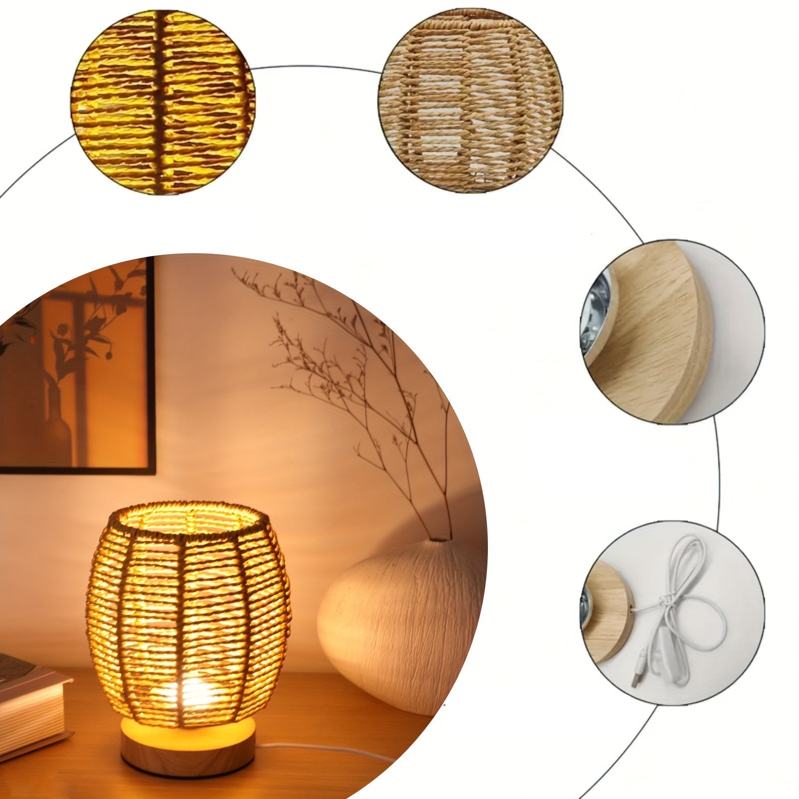Traditional Woven Rattan-Style Table Lamp | USB Powered Wooden Base with Hollow-Out Linen Shade | Energy-Efficient Uplight for Bedroom, Living Room, Study & Dining Room FJORD