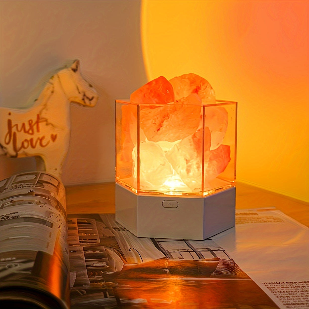 Himalayan Salt Stone Lamp - Romantic LED Bedside Lamp with Aromatherapy, USB Plug Night Light for Bedroom & Meditation FJORD