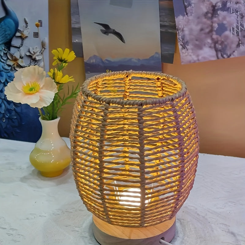 Modern Hand-Woven Table Lamp - Wood Base, Linen Shade, USB Powered LED Desk Lamp for Bedroom, Study, Living Room FJORD