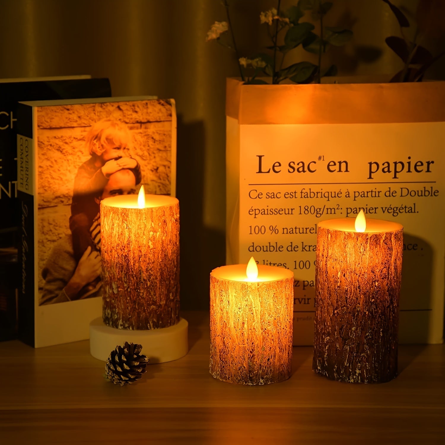 Rustic Pine Bark Flameless Candle Set - Flickering LED Candles with Timer & Remote, Realistic Tree Stump Design for Home & Outdoor Decor, Battery Operated, Set of 3 FJORD
